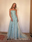 Formal Blue Organza Strapless Mermaid Long Evening Prom Dresses, MR9474
