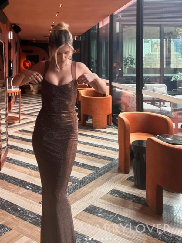 Brown Sparkly Mermaid Long Evening Prom Dresses, Backless Prom Dress, MR9475