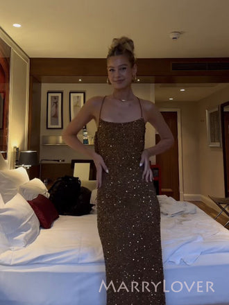 Simple Brown Sequins Mermaid Spaghetti Straps Long Evening Prom Dresses, MR9476