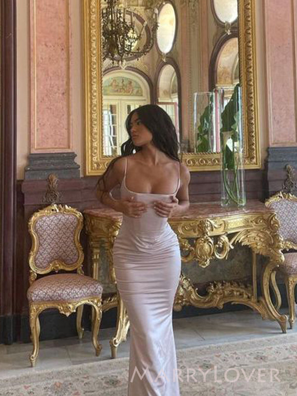 Sheath Spaghetti Straps Satin Mermaid Long Evening Prom Dresses, MR9489