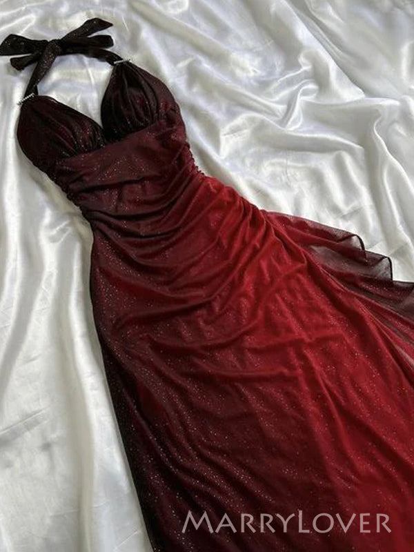 Sparkly Dark Red V-neck Long Evening Prom Dresses, MR9490