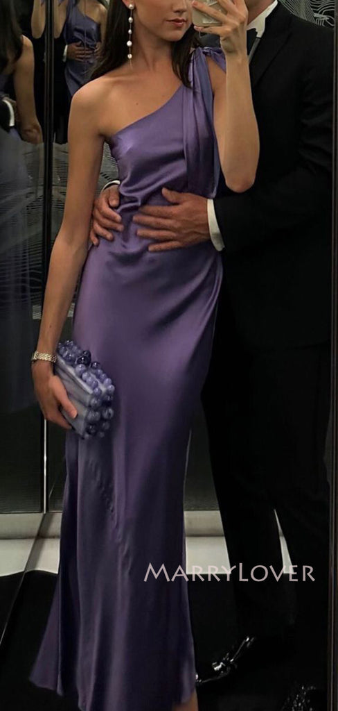 One Shoulder Purple Satin Mermaid Long Evening Prom Dresses, MR9491