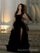 A-line Black Bateau High Slit Long Evening Prom Dresses, MR9492