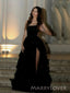 A-line Black Bateau High Slit Long Evening Prom Dresses, MR9492