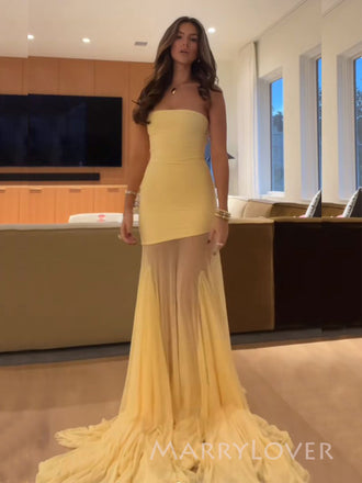 Gorgeous Yellow Tulle Mermaid Long Evening Prom Dresses, Strapless Prom Dress, MR9495