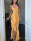 Spaghetti Straps Yellow Tulle Mermaid Long Evening Prom Dresses, V-neck Prom Dress, MR9496