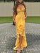 Spaghetti Straps Yellow Tulle Mermaid Long Evening Prom Dresses, V-neck Prom Dress, MR9496