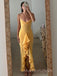 Spaghetti Straps Yellow Tulle Mermaid Long Evening Prom Dresses, V-neck Prom Dress, MR9496