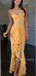 Spaghetti Straps Yellow Tulle Mermaid Long Evening Prom Dresses, V-neck Prom Dress, MR9496