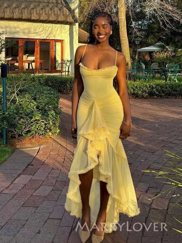 Sexy Yellow Tulle Spaghetti Straps Mermaid Long Evening Prom Dresses, MR9499