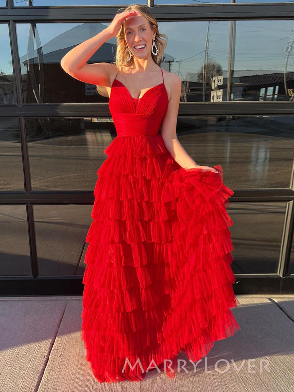 Formal A-line Red Tulle V-neck Long Evening Prom Dresses, MR9500