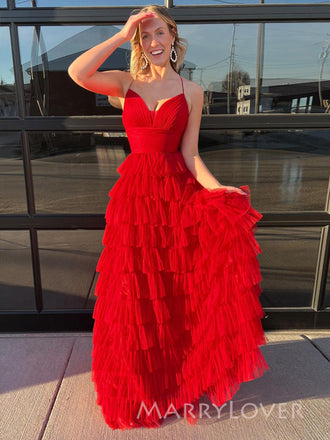 Formal A-line Red Tulle V-neck Long Evening Prom Dresses, MR9500