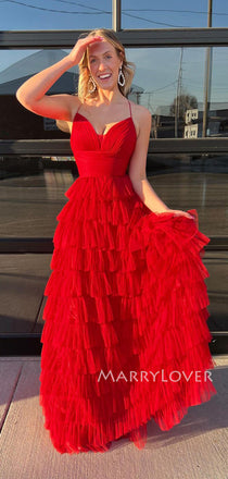 Formal A-line Red Tulle V-neck Long Evening Prom Dresses, MR9500