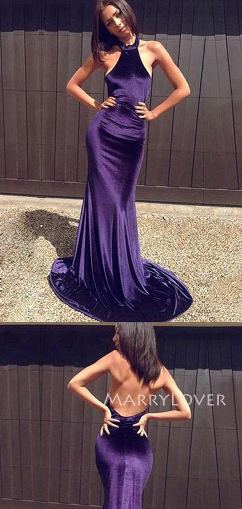 Purple Velvet Mermaid Halter Long Evening Prom Dresses, MR9501
