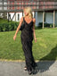 Spaghetti Straps Black Chiffon Mermaid V-neck Long Evening Prom Dresses, MR9502