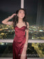 Spaghetti Straps Burgundy Satin Mermaid Long Evening Prom Dresses, MR9503