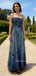 A-line Black Blue Spaghetti Straps Long Evening Prom Dresses, MR9504