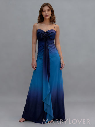 Unique Spaghetti Straps Blue Chiffon Long Evening Prom Dresses, MR9505