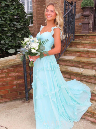Morden Blue Chiffon A-line Long Evening Prom Dresses, MR9507