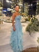 Elegant Strapless Blue Organza Mermaid Long Evening Prom Dresses, MR9510