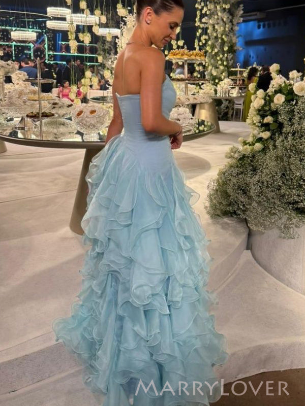 Elegant Strapless Blue Organza Mermaid Long Evening Prom Dresses, MR9510