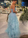 Elegant Strapless Blue Organza Mermaid Long Evening Prom Dresses, MR9510