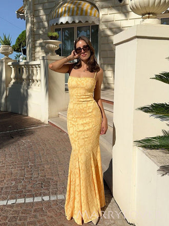 Gorgeous Spaghetti Straps Yellow Lace Mermaid Long Evening Prom Dresses, MR9514