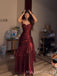 Burgundy Satin Mermaid Spaghetti Straps Long Evening Prom Dresses, MR9515