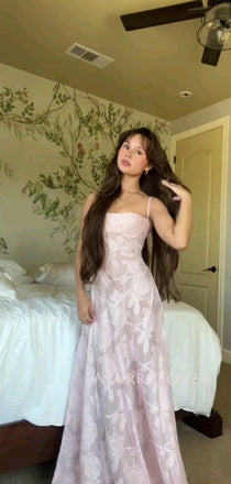 Spaghetti Straps Pink Satin Long Evening Prom Dresses, MR9516