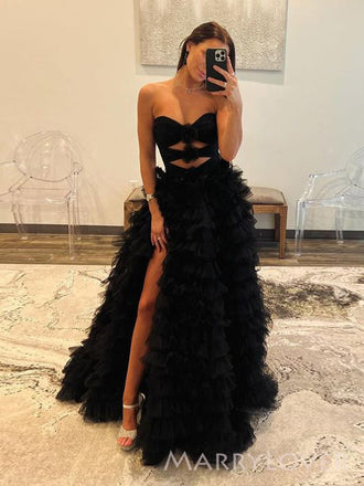Sweet Heart Black Tulle A-line Long Evening Prom Dresses, High Slit Prom Dress, MR9519
