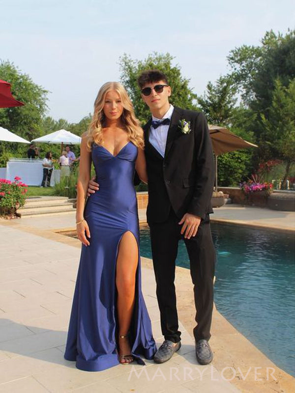 Simple Navy Blue Mermaid Long Evening Prom Dresses, V-neck Prom Dress, MR9521
