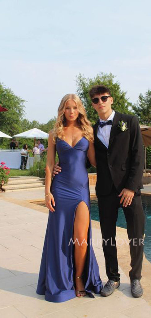 Simple Navy Blue Mermaid Long Evening Prom Dresses, V-neck Prom Dress, MR9521