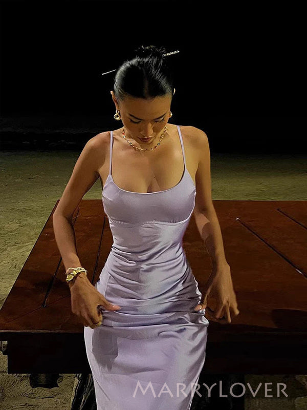 Lilac Satin Mermaid Spaghetti Straps Long Evening Prom Dresses, MR9522