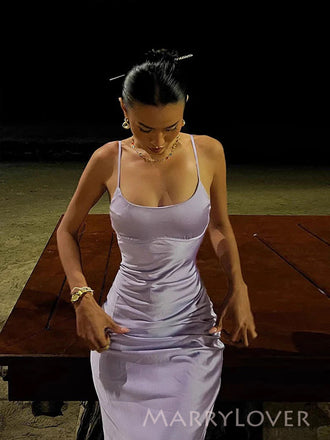 Lilac Satin Mermaid Spaghetti Straps Long Evening Prom Dresses, MR9522