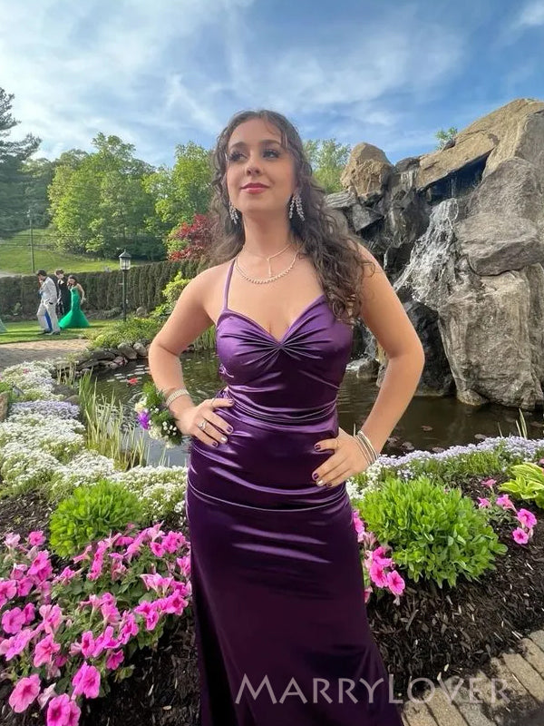 Spaghetti Straps Purple Satin Long Evening Prom Dresses, Mermaid Backless Prom Dress, MR9526
