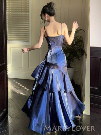 Formal Navy Blue Mermaid Long Evening Prom Dresses, Spaghetti Straps Prom Dress, MR9531