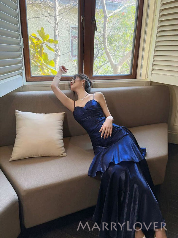 Formal Navy Blue Mermaid Long Evening Prom Dresses, Spaghetti Straps Prom Dress, MR9531