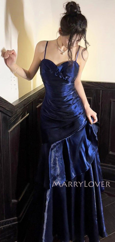 Formal Navy Blue Mermaid Long Evening Prom Dresses, Spaghetti Straps Prom Dress, MR9531