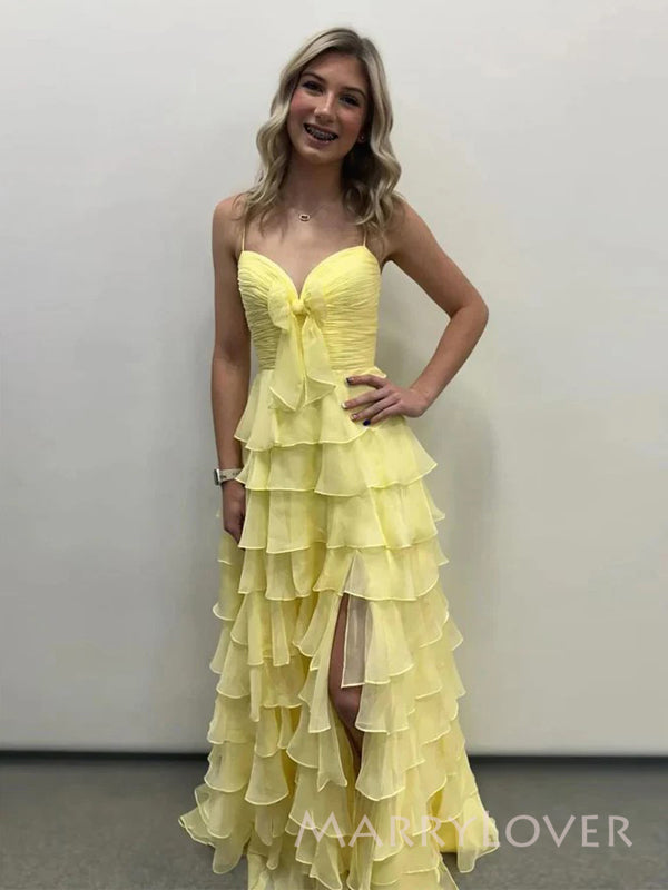 Sweet Heart Yellow Chiffon Long Evening Prom Dresses, Side Slit Prom Dress, MR9534