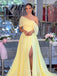 A-line Yellow Chiffon Side Slit Long Evening Prom Dresses, Off Shoulder Prom Dress, MR9535