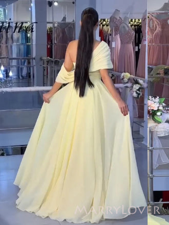 A-line Yellow Chiffon Side Slit Long Evening Prom Dresses, Off Shoulder Prom Dress, MR9535