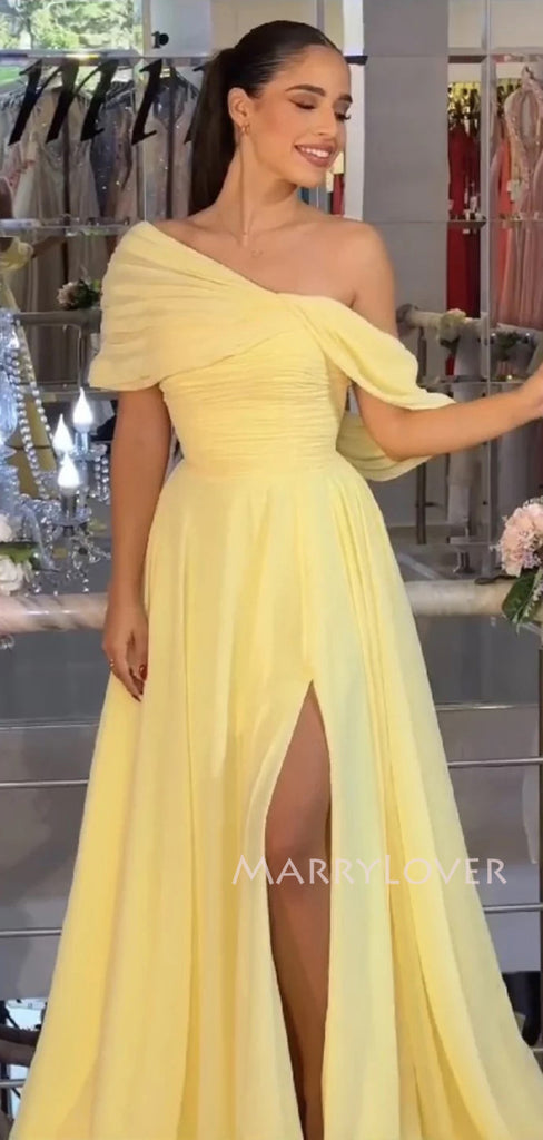 A-line Yellow Chiffon Side Slit Long Evening Prom Dresses, Off Shoulder Prom Dress, MR9535
