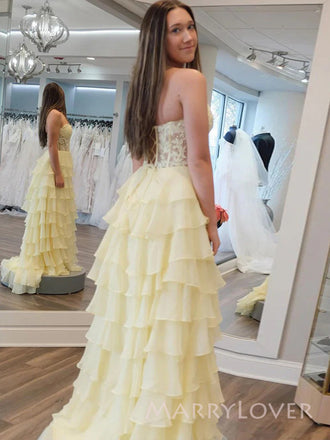 Gorgeous Yellow Chiffon Appliques Long Evening Prom Dresses, Sweet Heart Prom Dress, MR9536