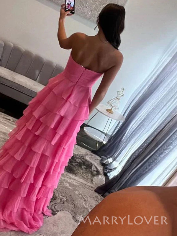 Hot Pink Chiffon Side Slit Sweet Heart Long Evening Prom Dresses, MR9537