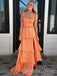 Orange Satin Side Slit Straps Long Evening Prom Dresses, MR9538