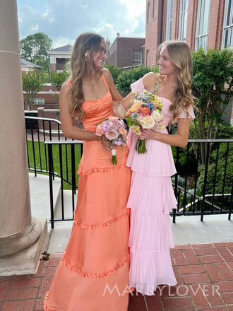 Orange Satin Side Slit Straps Long Evening Prom Dresses, MR9538