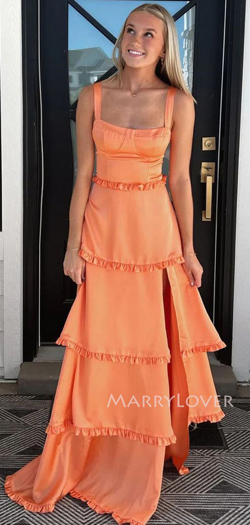 Orange Satin Side Slit Straps Long Evening Prom Dresses, MR9538
