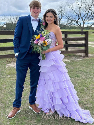 Lovely Purple Chiffon Side Slit Long Sweet Heart Evening Prom Dresses, MR9539