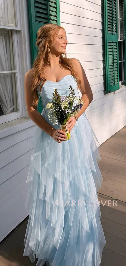 Simple Sweet Heart Blue Tulle A-line Long Evening Prom Dresses, MR9540