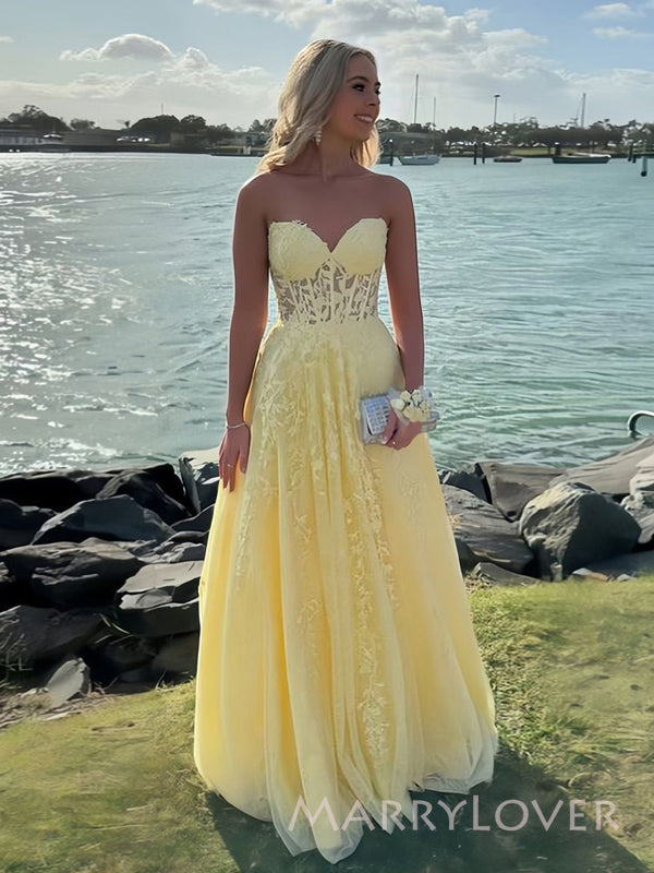 Formal A-line Yellow Tulle Appliques Long Evening Prom Dresses, MR9543